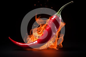 Flames on one red chili on a black background, Generative AI