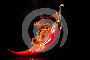 Flames on one red chili on a black background, Generative AI