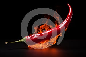 Flames on one red chili on a black background, Generative AI