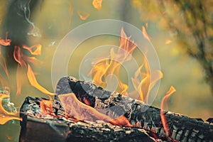 Flames over the log in the grill