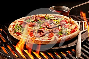 Flames reaching up toward pizza on grill