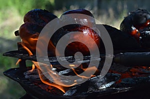 Flames smoke peppers on hibachi grill outdoors