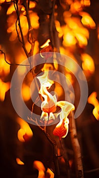 flames on a tree branch in the dark
