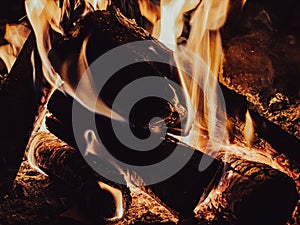 Flames and wood burning in a firepit