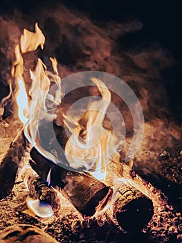 Flames and wood burning in a firepit