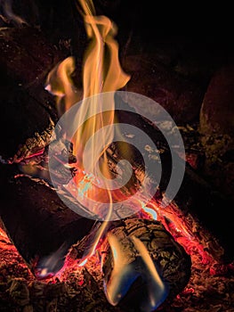 Flames and wood burning in a firepit