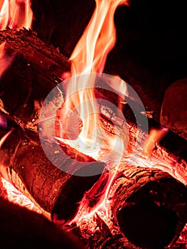 Flames and wood burning in a firepit