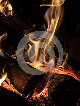 Flames and wood burning in a firepit