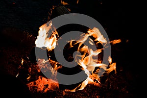 Flames and wood burning in a firepit