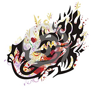 Flaming aggressive dragon with red hearts