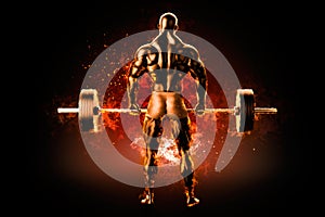 Flaming athlete with a barbell. View from the back