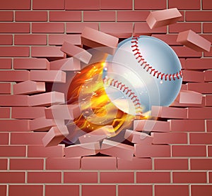 Flaming Baseball Ball Breaking Through Brick Wall