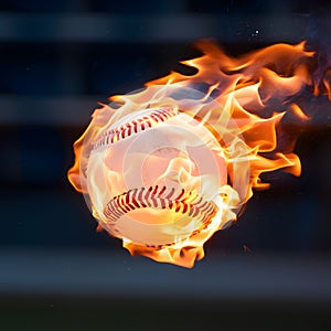 Flaming baseball ball on fire flying through the air, illustrating intense sports action