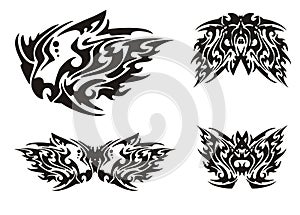 Flaming black dragon head and butterflies in tribal style
