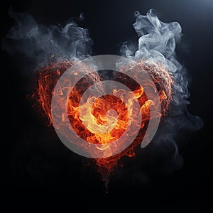 Flaming burning heart on black, love background, valentines day,