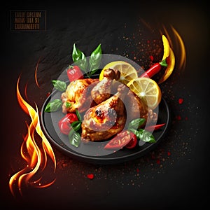 Flaming chicken wings with vegetables on black plate. Vector illustration