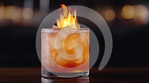 Flaming cocktail with ice cubes