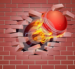 Flaming Cricket Ball Breaking Through Brick Wall