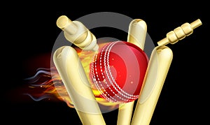 Flaming Cricket Ball Hitting Wicket Stumps photo