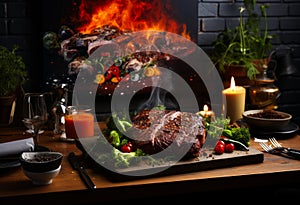 Flaming Delight: A Sizzling Steak on a Cutting Board With Fiery Ambiance