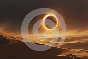 A total solar eclipse highlighted by glowing sun rays, over a dark background.