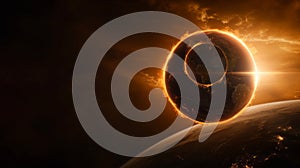 A total solar eclipse highlighted by glowing sun rays, over a dark background.