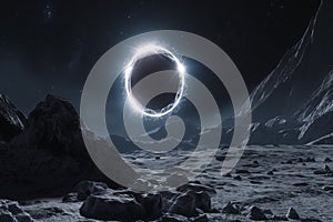 A total solar eclipse highlighted by glowing sun rays, over a dark background