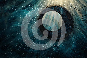 A total solar eclipse highlighted by glowing sun rays, over a dark background