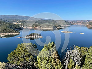 Flaming Gorge Reservoir from above seen from the end of Route 522 in Utah.