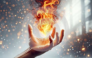 flaming hand Open hand and flames, fantasy, bokeh background