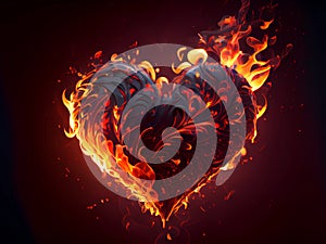 flaming heart on a dark background. unrequited love devouring fire.