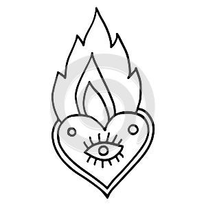 Flaming heart with eye. Alchemy doodle art. Witchcraft black and white line art. Occult symbols sketch drawing. Vector artwork