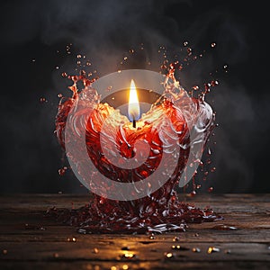 Flaming heart, fire of love, valentines day, red heart shaped candle melts on black