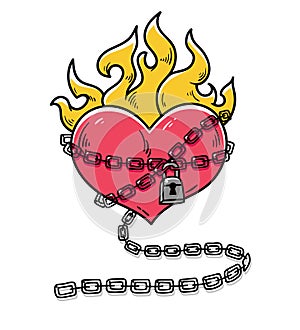 Flaming Heart Tattoo. Heart in chains of love. Passionate love. Red burning heart. Heart in chains with lock