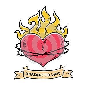 Flaming Heart Tattoo. Heart in a crown of thorns. Unrequited love. Red burning heart