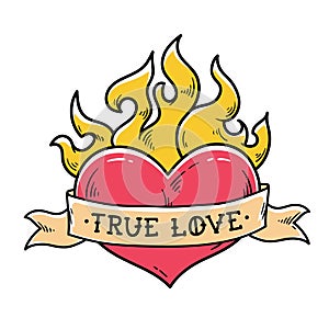 Flaming Heart Tattoo with ribbon. True love. Heart burning in fire. Ribbon wraps around red heart. Old school style.