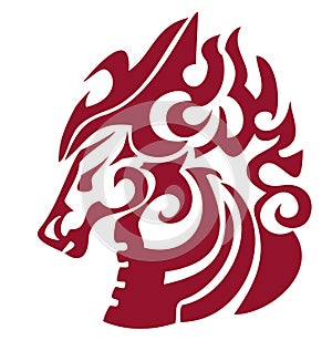 Flaming horse head in tribal style. Red on the white