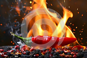 A flaming hot red chilli pepper on fire. Burning hot spicy chilli food