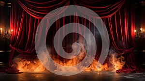 Flaming Hot Theatre Stage with Red Velvet Curtains On Fire. Generative AI