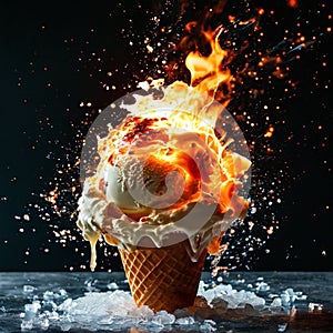Flaming Ice Cream Cone on Dark Background, Generative AI Illustration