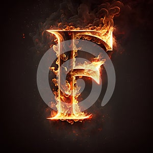 Flaming letter F in fire with smoke isolated on black background