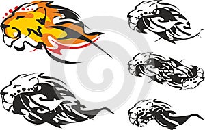 Flaming lion head symbols in form of a wave on a white background