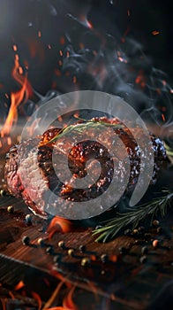 Flaming roasted leg of beef with herb seasoning on a rustic wooden platter, surrounded by smoke and fire