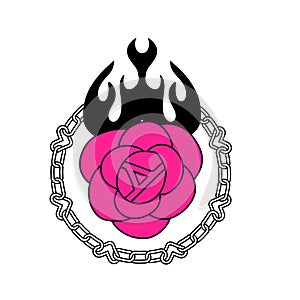 Flaming rose tattoo in y2k, 1990s, 2000s style. Emo goth element design with heart chain link. Old school tattoo. Vector