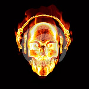 Flaming skull with headphones