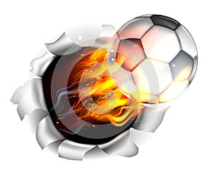 Flaming Soccer Football Ball Tearing a Hole in the Background