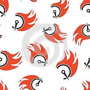 Flaming speedometer sign icon seamless pattern background. Accelerate vector illustration on white isolated background. Motion