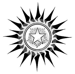 Flaming star in stylized sun, tattoo, black and white, isolated. photo