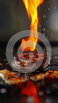 Flaming steak on a grill