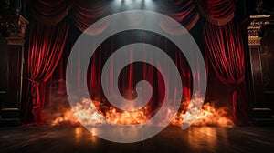 Flaming Theatre Stage with Red Velvet Curtains On Fire. Generative AI